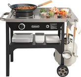 Outdoor Wok Station, 50,000 BTU Propane Outdoor Wok Burner w Prep Table, 14 Carbon Steel Wok for Stir Fry, Searing, BBQ Black