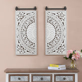 Set of 2 Distressed Ivory White Wood Flower Wall Art with Black Accents