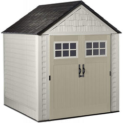 7 7 Ft Durable Weather Resistant Resin Outdoor Garden Storage Shed with Windows and Utility Hooks, Sand