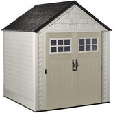 7 7 Ft Durable Weather Resistant Resin Outdoor Garden Storage Shed with Windows and Utility Hooks, Sand
