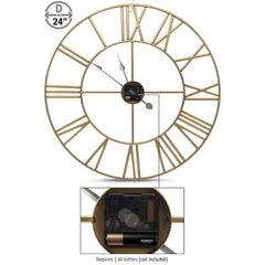 24 Inch Large Round Gold Metal Wall Clock, Decorative Analog Clock for Home