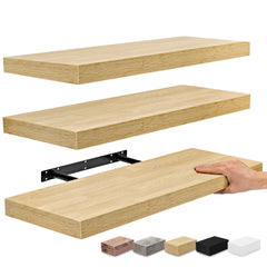 Set of 3 Floating Wood Wall Shelves, Wall Mounted Display and Storage Shelves with Invisible Brackets for Books and Home Decor