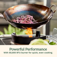 Outdoor Wok Station, 50,000 BTU Propane Outdoor Wok Burner w Prep Table, 14 Carbon Steel Wok for Stir Fry, Searing, BBQ Black